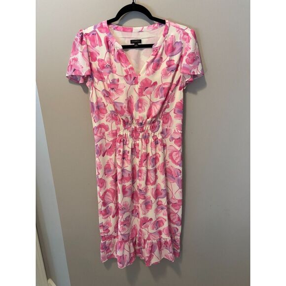Talbots‎ Women's Pink Fuschia Floral Dress Size 8 Flutter Sleeve Flowy Midi - Picture 1 of 3